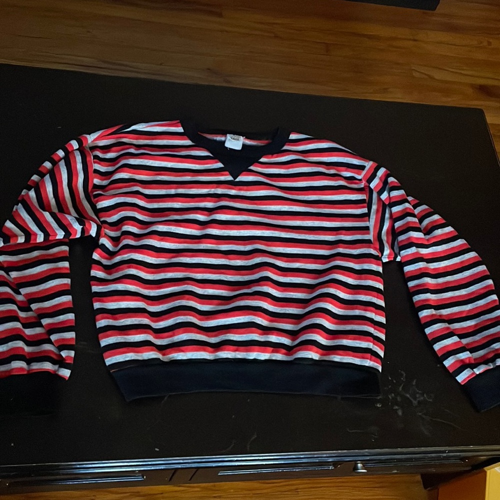 Striped red and black crew neck sweater